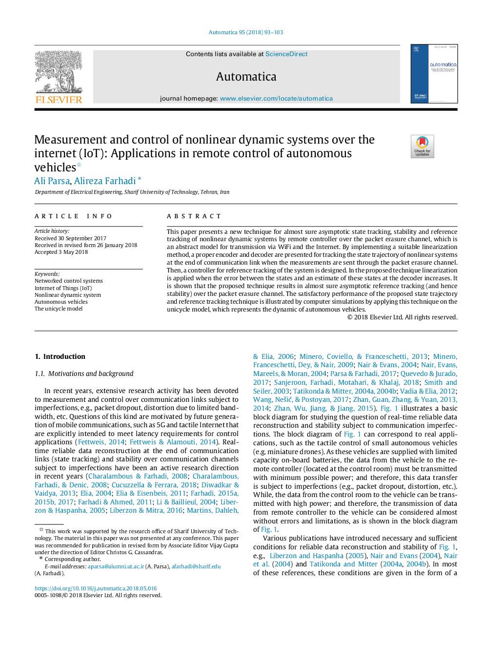 Measurement and control of nonlinear dynamic systems over the internet (IoT): Applications in remote control of autonomous vehicles