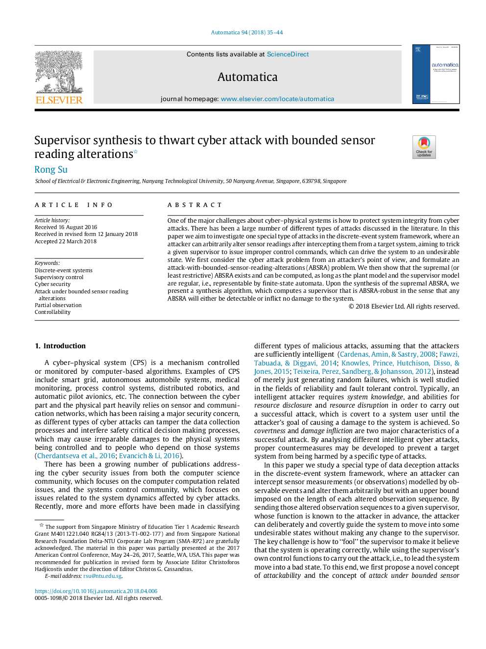 Supervisor synthesis to thwart cyber attack with bounded sensor reading alterations