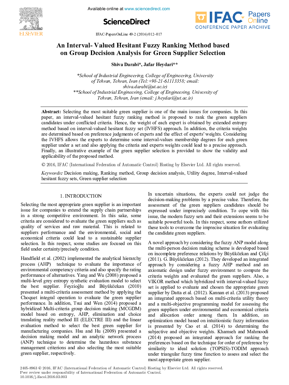 An Interval- Valued Hesitant Fuzzy Ranking Method based on Group Decision Analysis for Green Supplier Selection