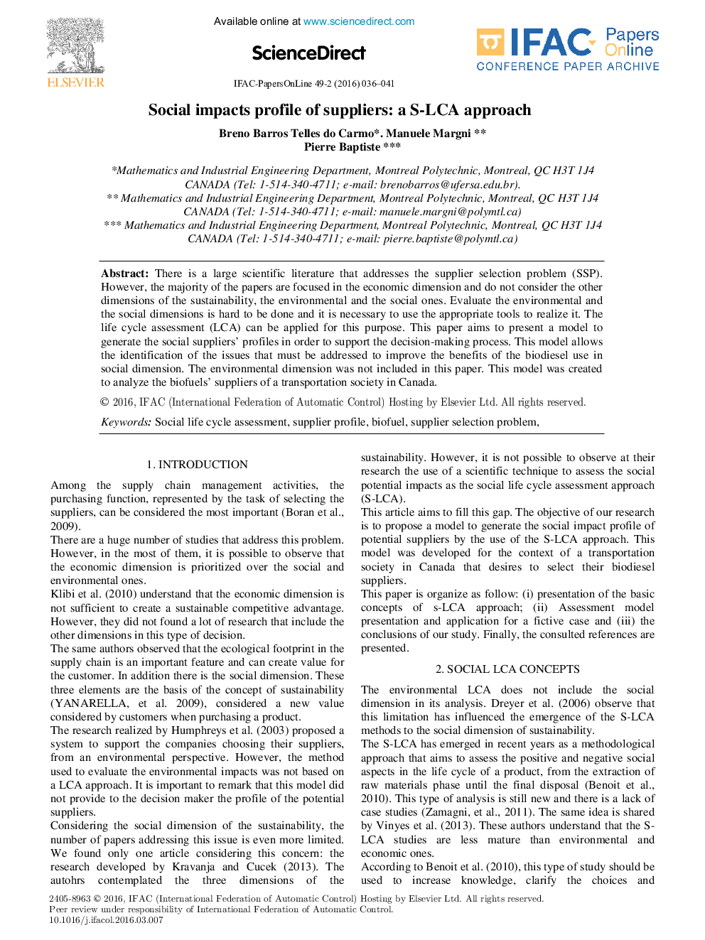 Social impacts profile of suppliers: a S-LCA approach