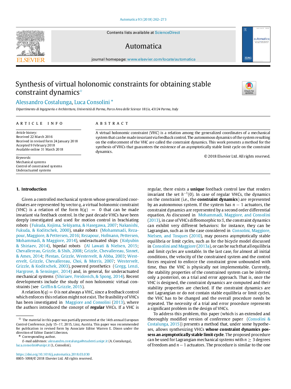 Synthesis of virtual holonomic constraints for obtaining stable constraint dynamics