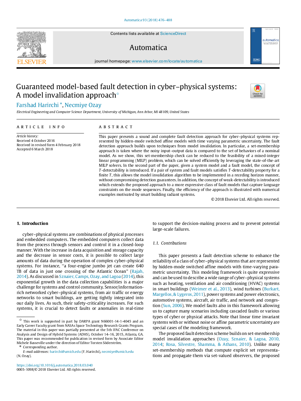 Guaranteed model-based fault detection in cyber-physical systems: A model invalidation approach