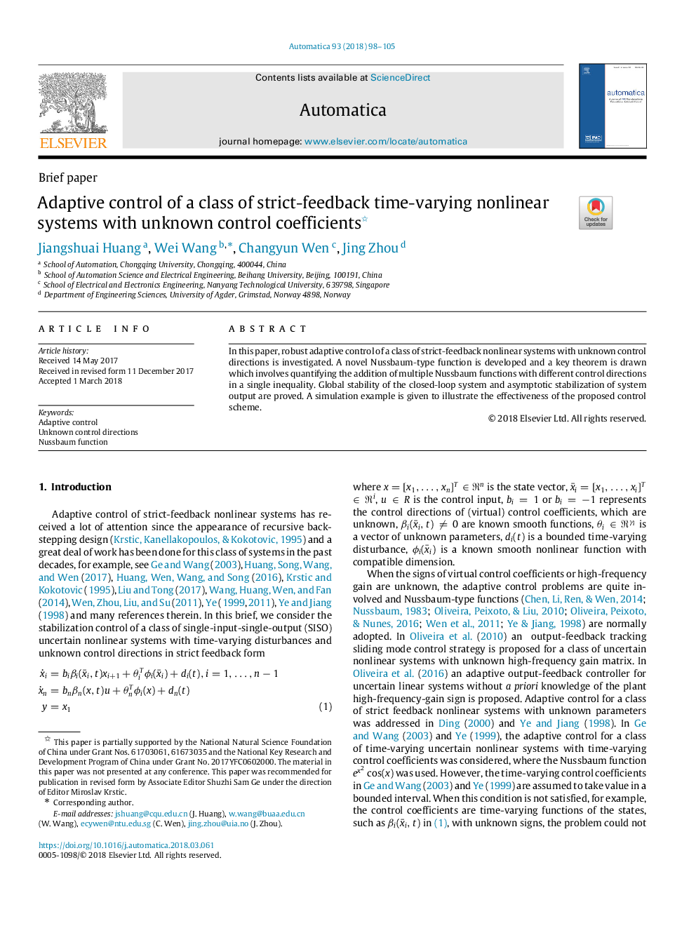 Adaptive control of a class of strict-feedback time-varying nonlinear systems with unknown control coefficients