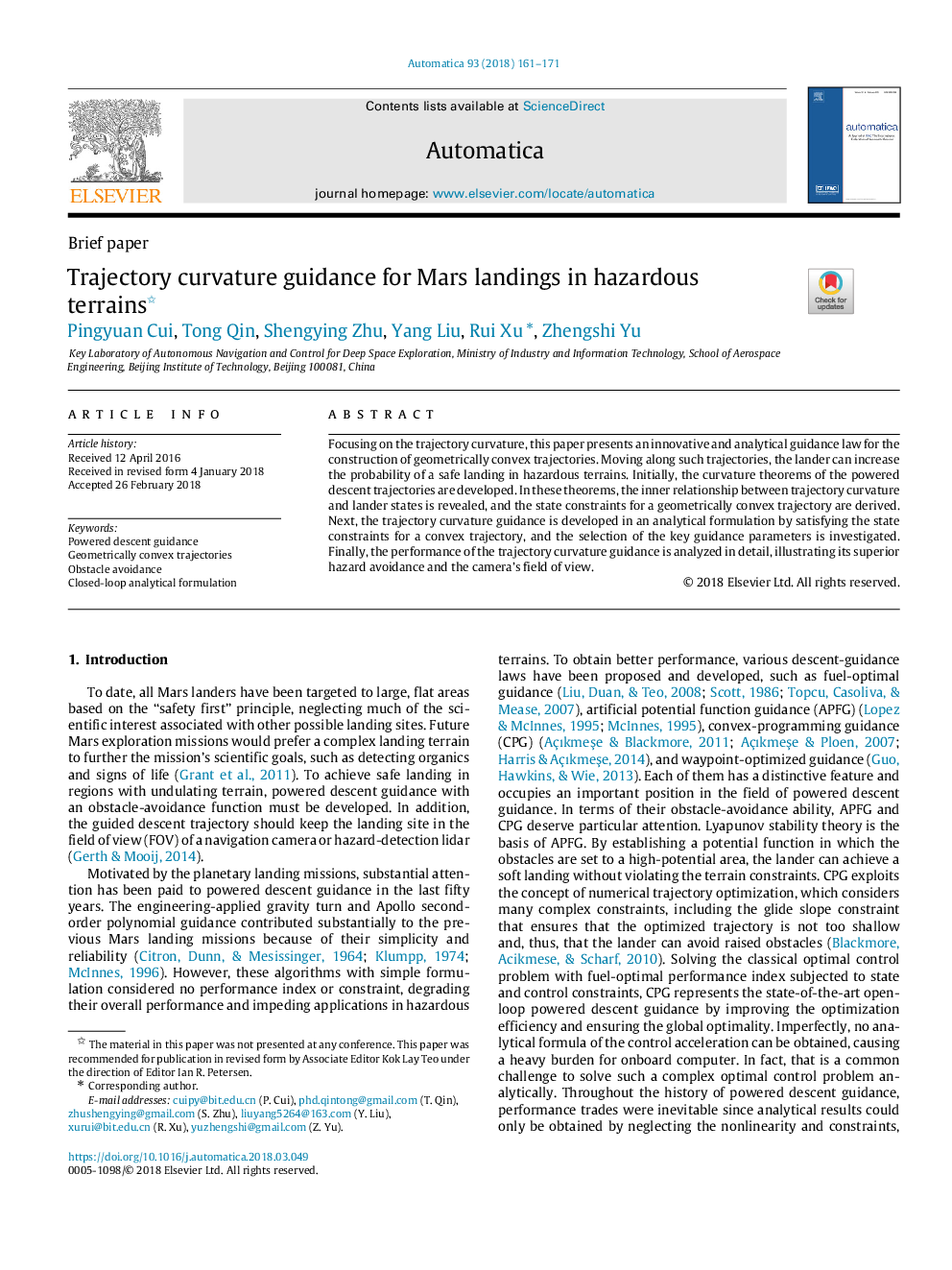 Trajectory curvature guidance for Mars landings in hazardous terrains