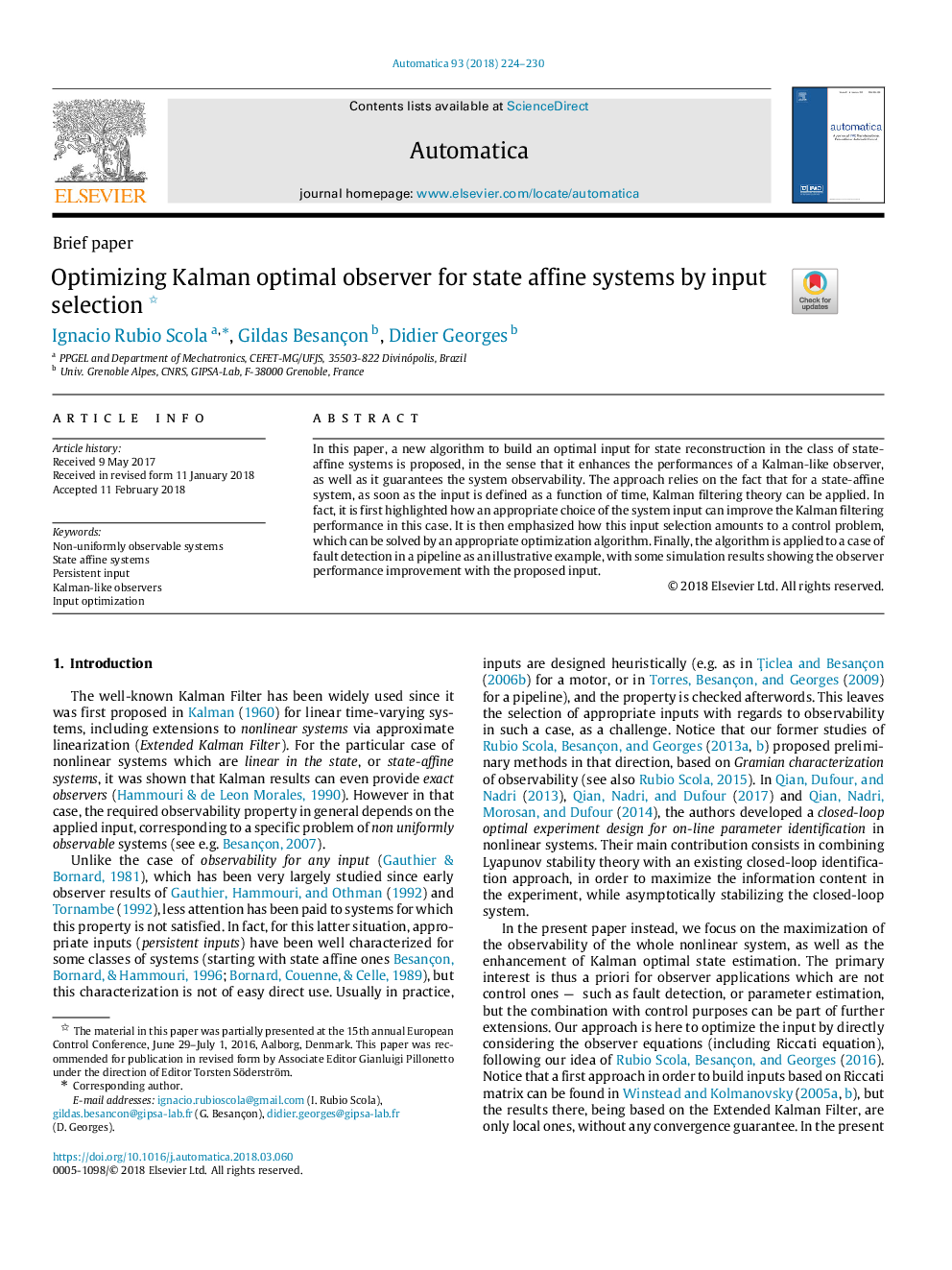 Optimizing Kalman optimal observer for state affine systems by input selection