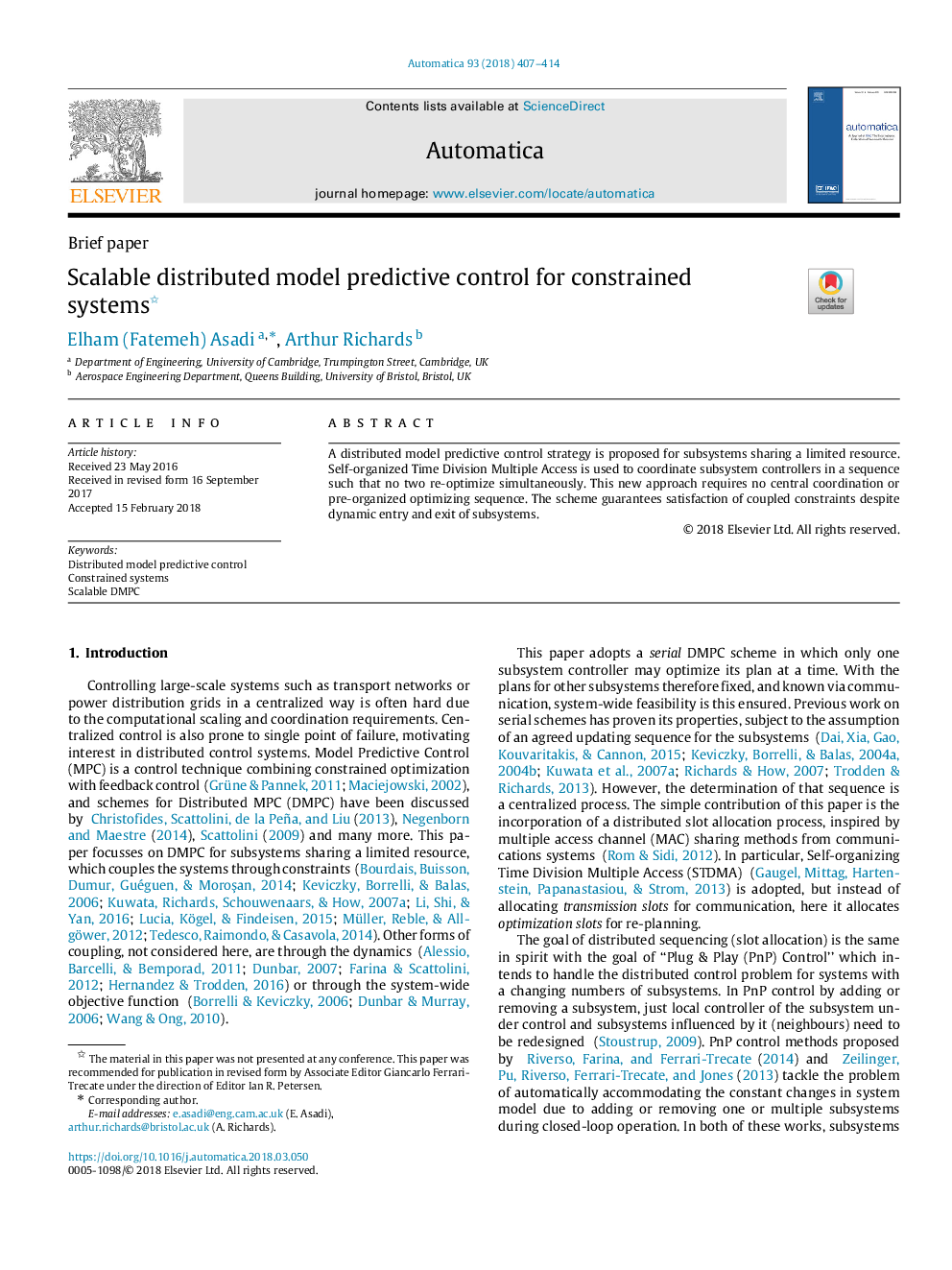 Scalable distributed model predictive control for constrained systems