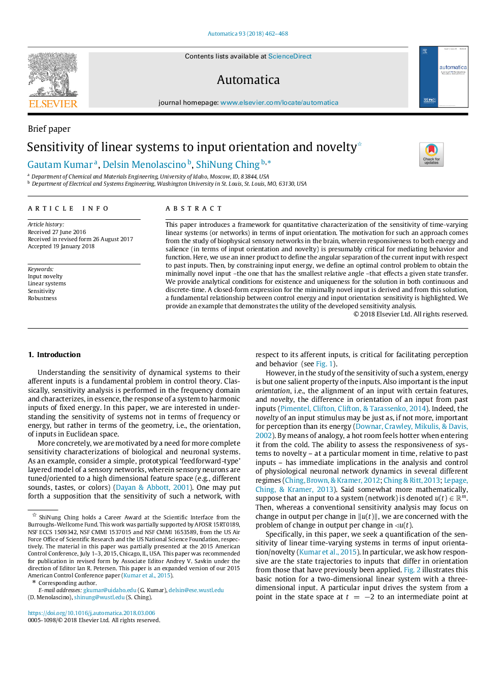 Sensitivity of linear systems to input orientation and novelty