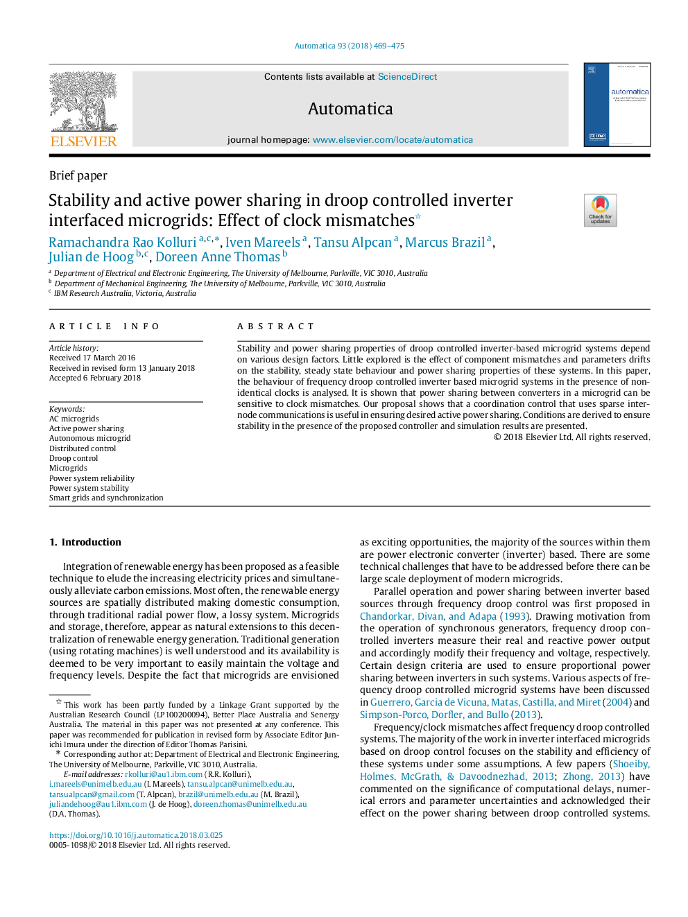 Stability and active power sharing in droop controlled inverter interfaced microgrids: Effect of clock mismatches