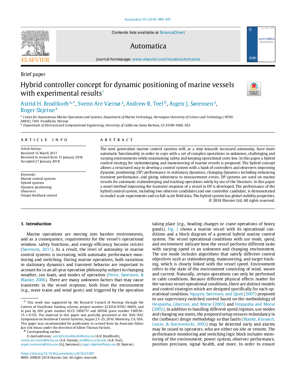 Hybrid controller concept for dynamic positioning of marine vessels with experimental results