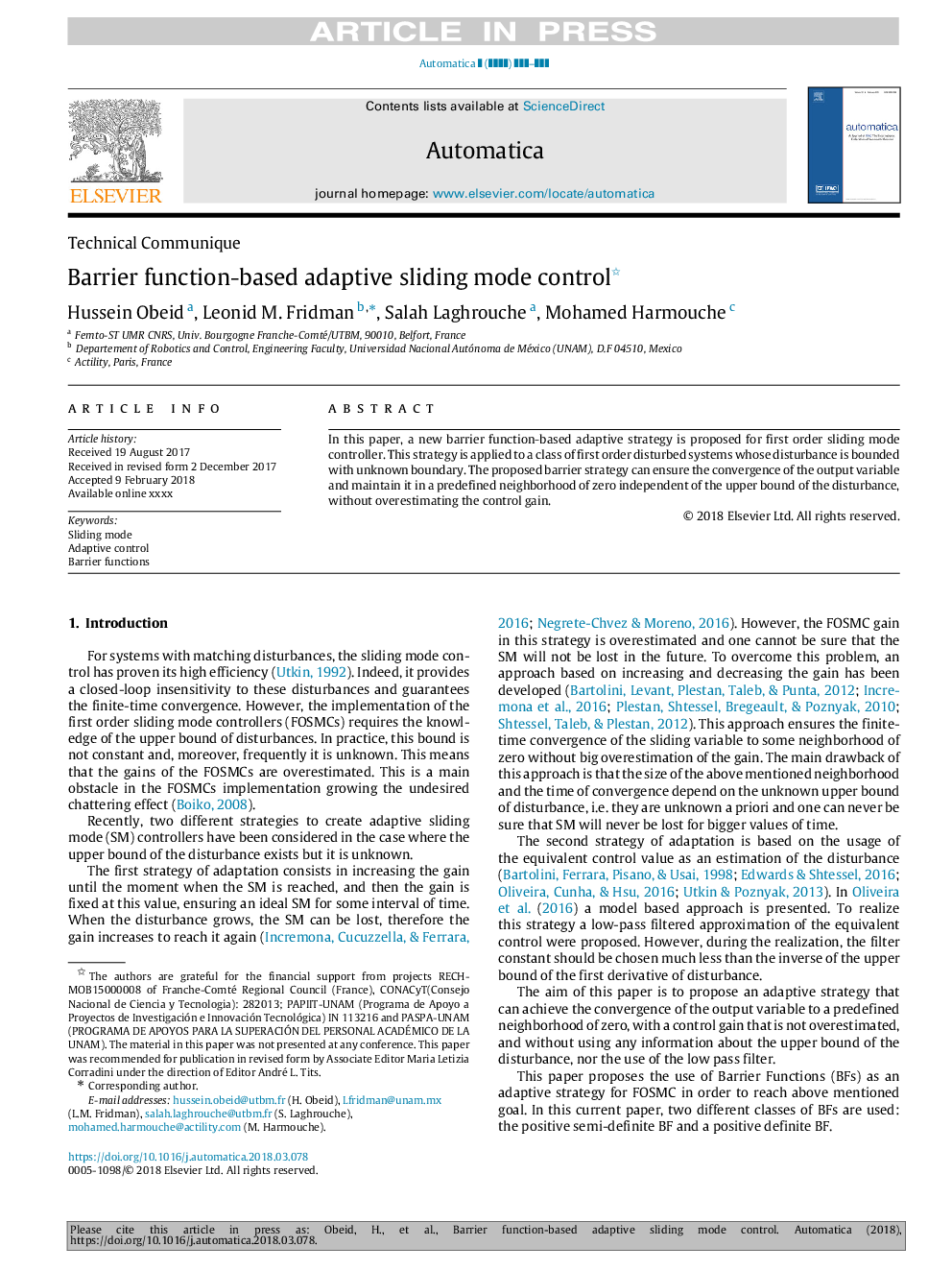 Barrier function-based adaptive sliding mode control