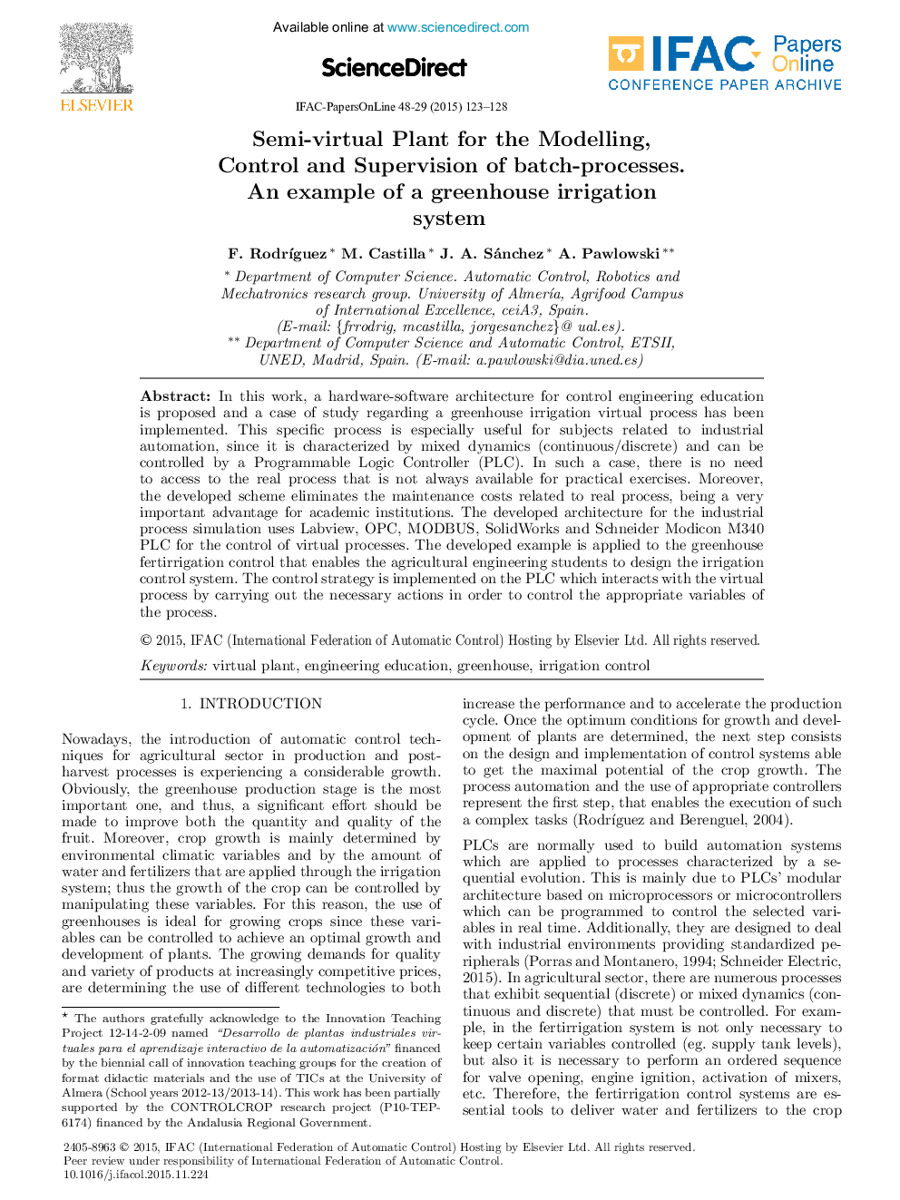 Semi-virtual Plant for the Modelling, Control and Supervision of batch-processes. An example of a greenhouse irrigation system