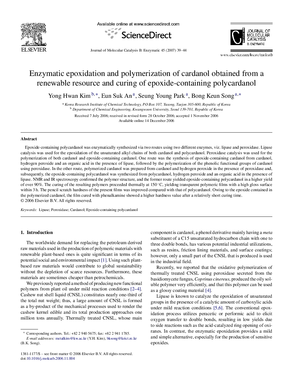 Enzymatic epoxidation and polymerization of cardanol obtained from a renewable resource and curing of epoxide-containing polycardanol