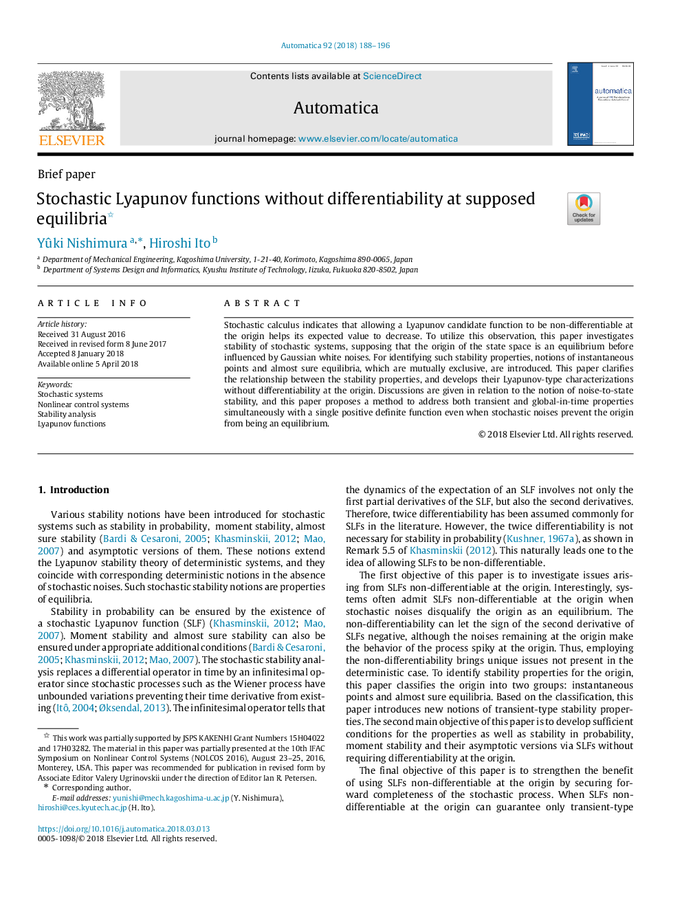 عکس صفحه اول مقاله: Stochastic Lyapunov functions without differentiability at supposed equilibria Stochastic Lyapunov functions without differentiability at supposed equilibria