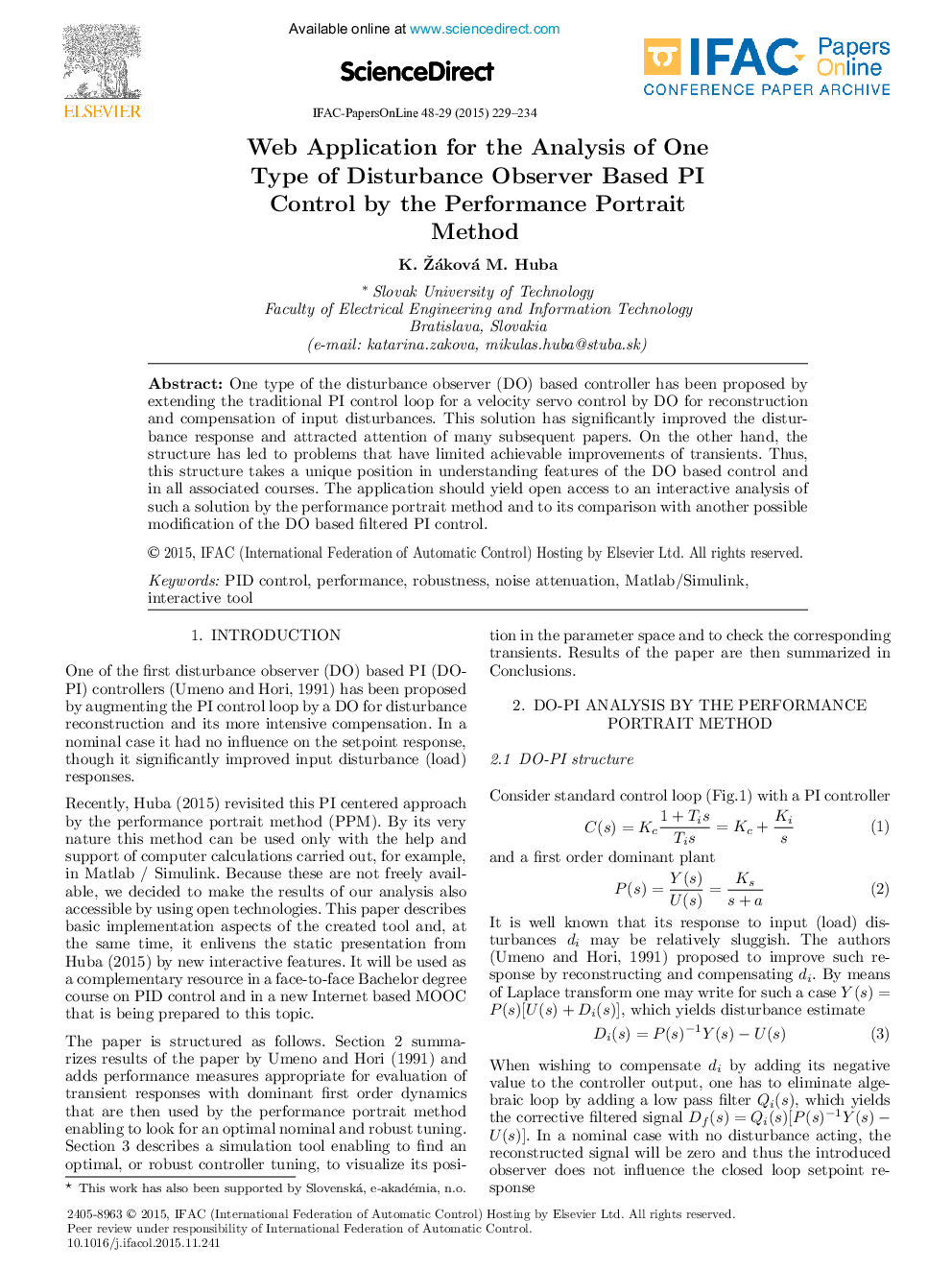 Web Application for the Analysis of One Type of Disturbance Observer Based PI Control by the Performance Portrait Method