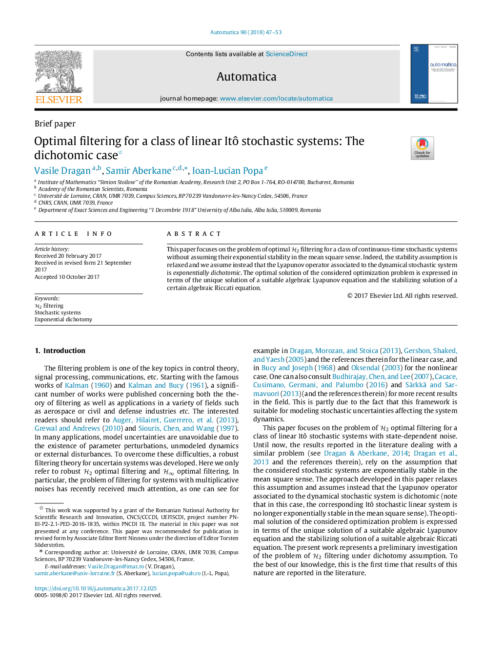 Optimal filtering for a class of linear ItÃ´ stochastic systems: The dichotomic case