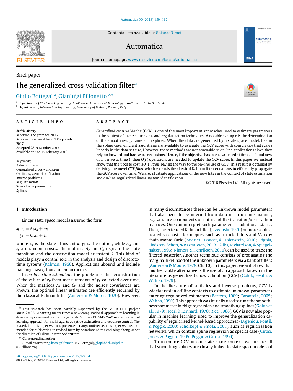 The generalized cross validation filter