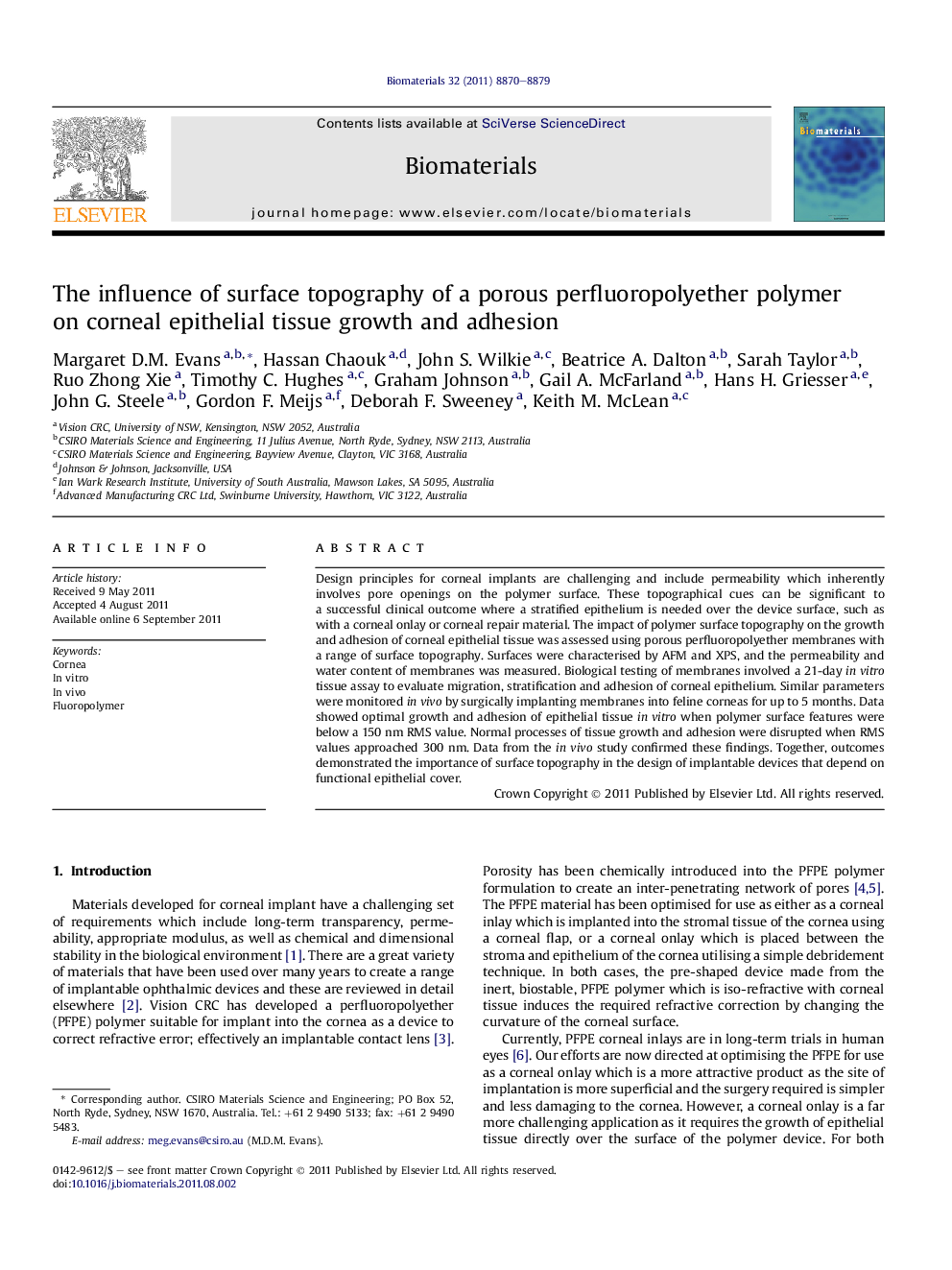 The influence of surface topography of a porous perfluoropolyether polymer on corneal epithelial tissue growth and adhesion