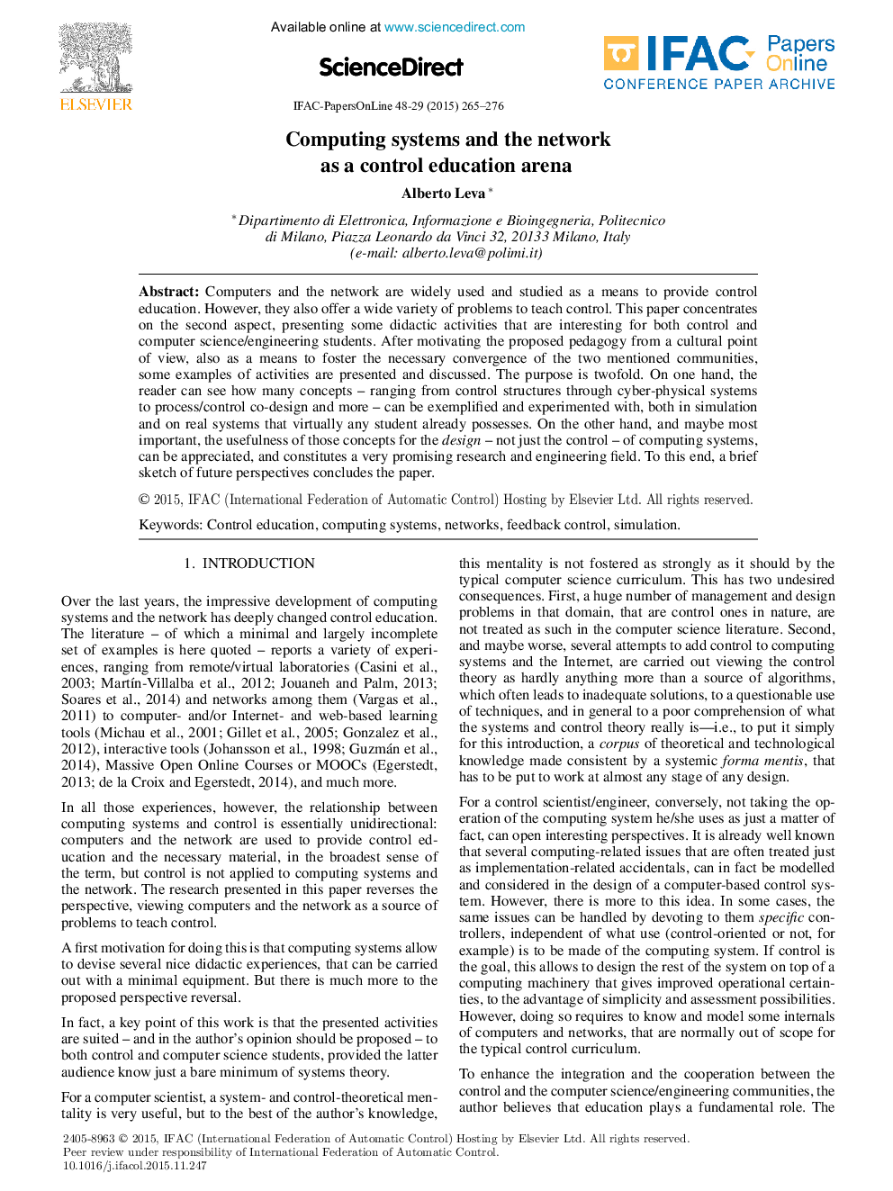 Computing systems and the network as a control education arena