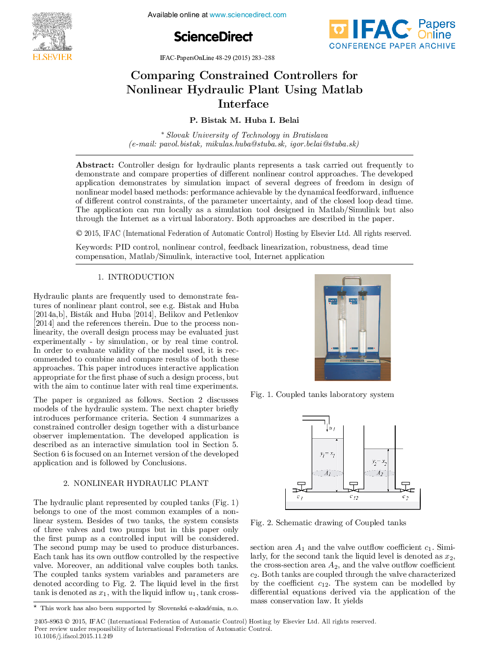 Comparing Constrained Controllers for Nonlinear Hydraulic Plant Using Matlab Interface*