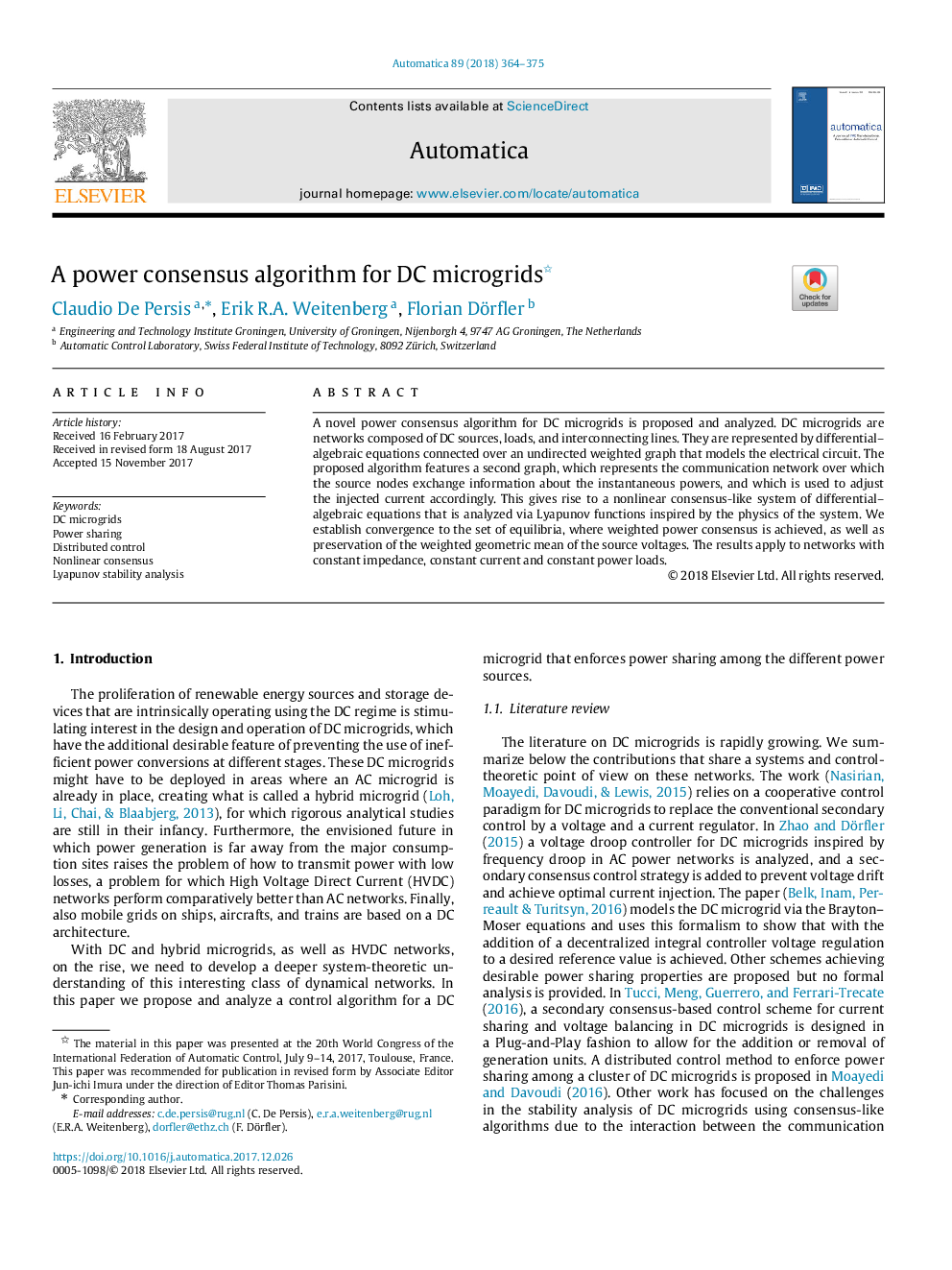 A power consensus algorithm for DC microgrids