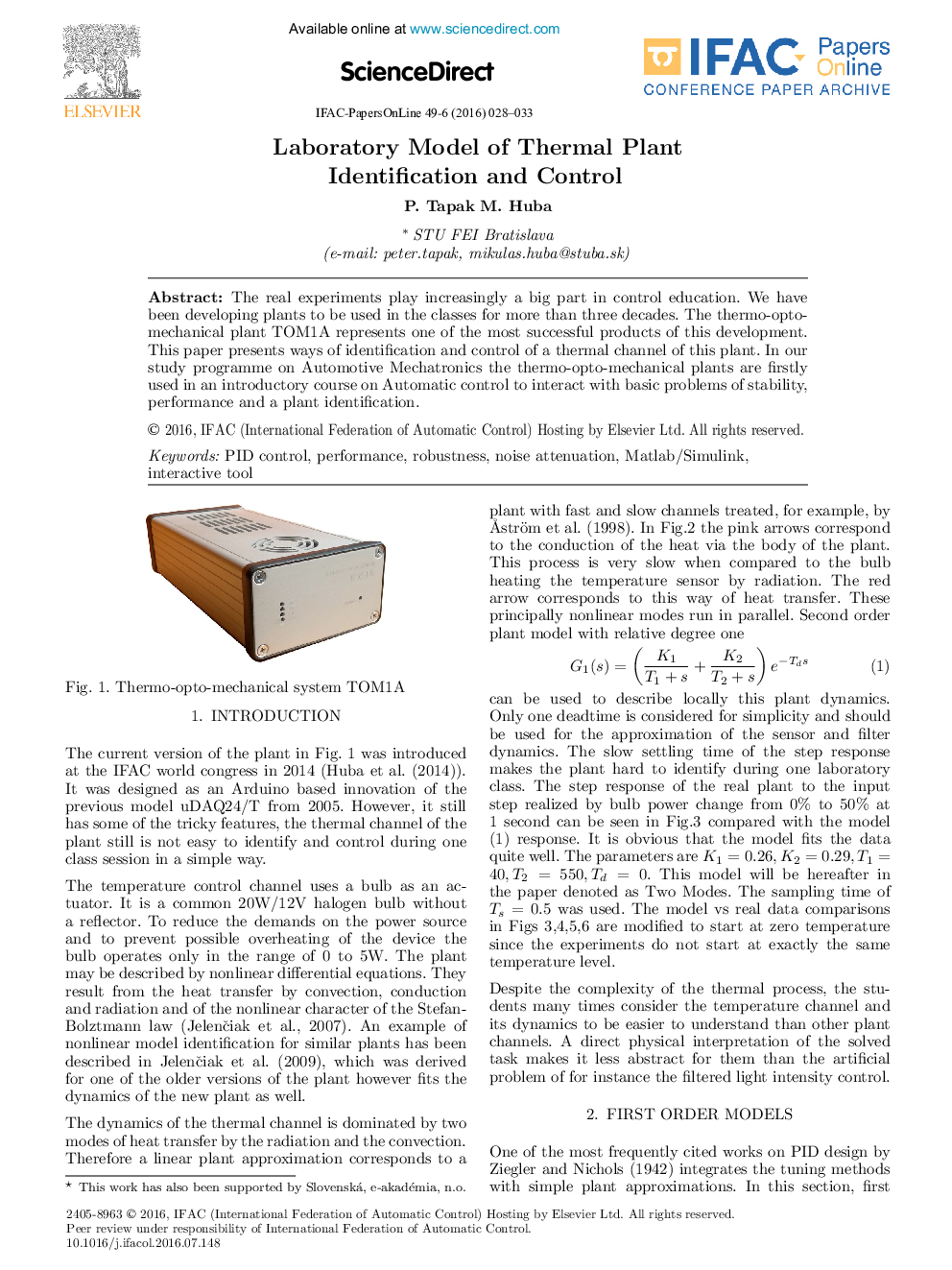 Laboratory Model of Thermal Plant Identification and Control*