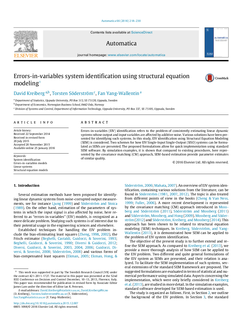 Errors-in-variables system identification using structural equation modeling