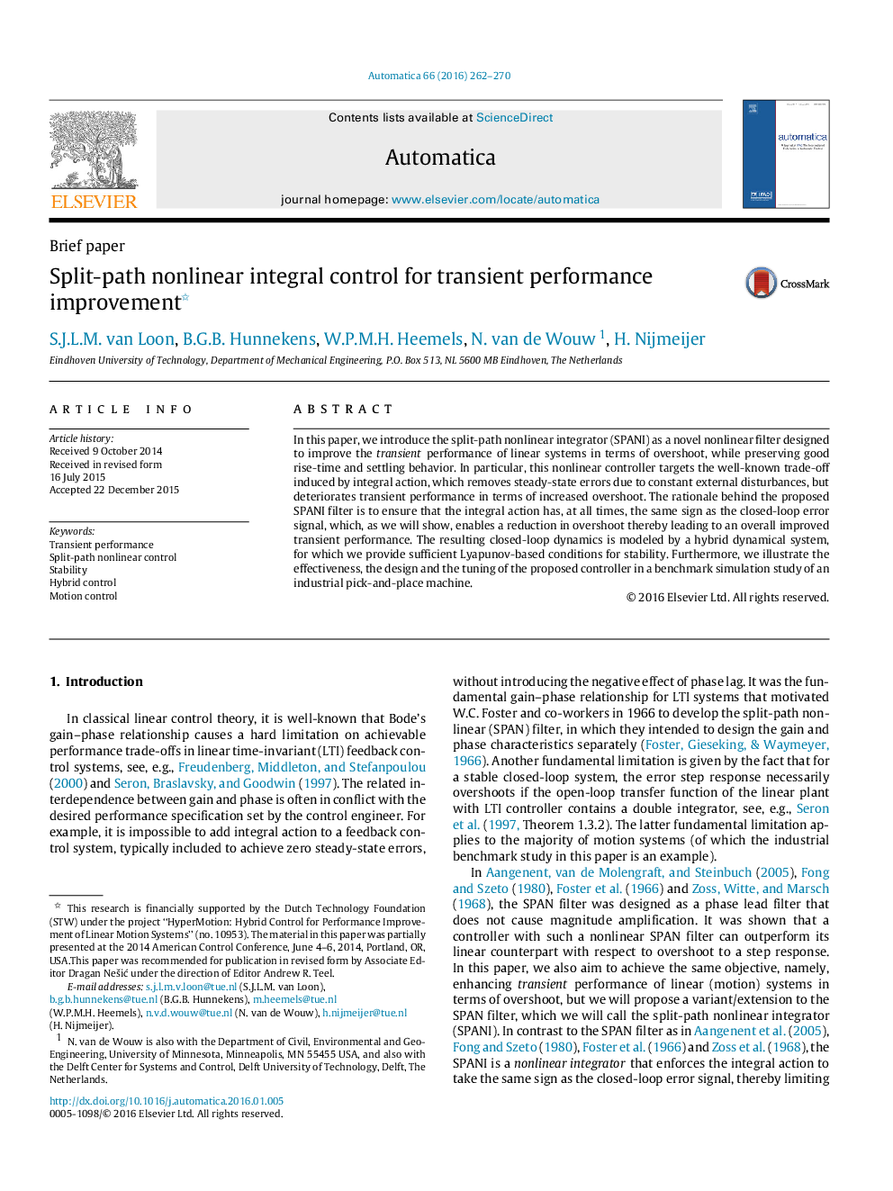 Split-path nonlinear integral control for transient performance improvement