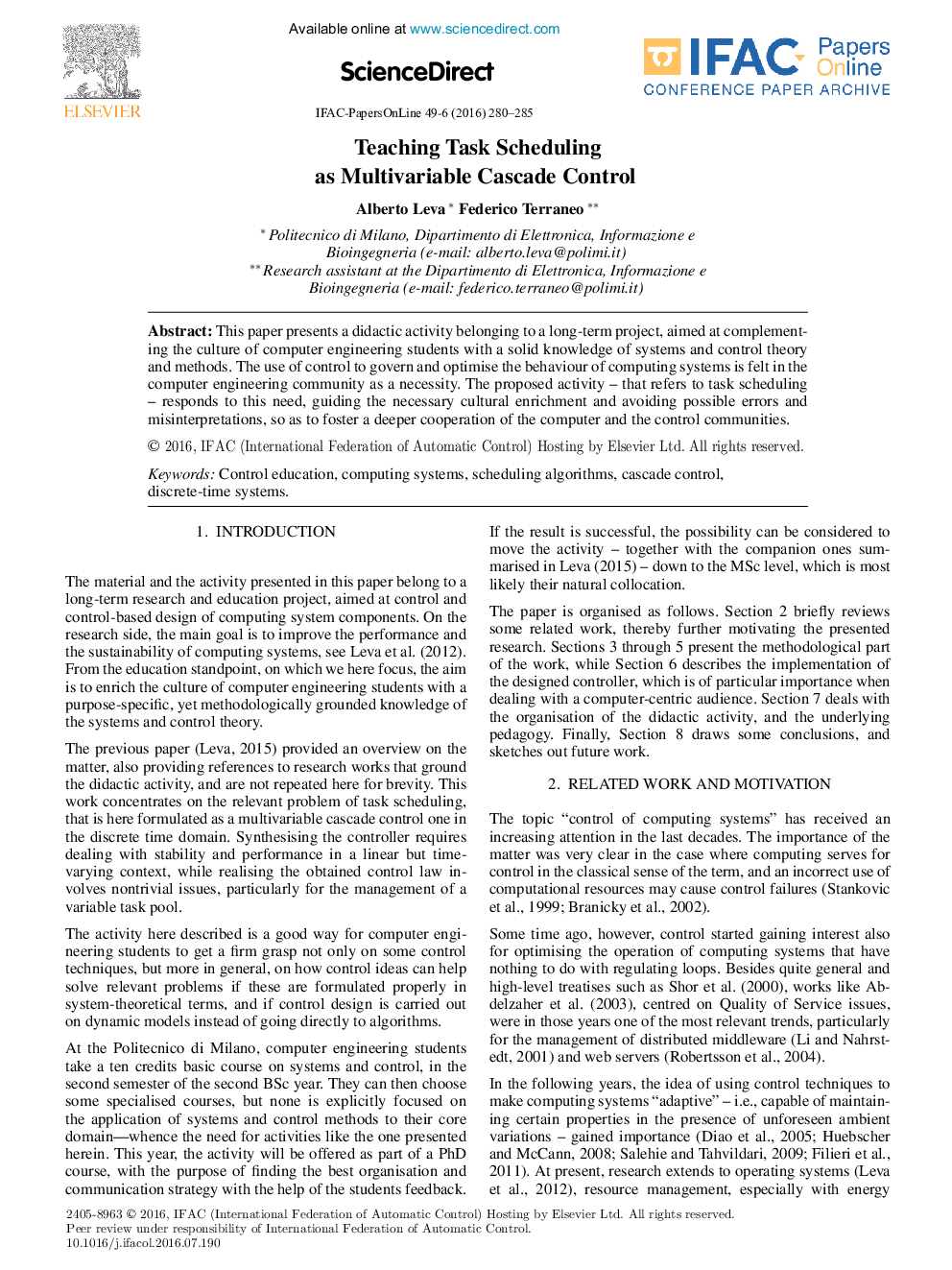 Teaching Task Scheduling as Multivariable Cascade Control