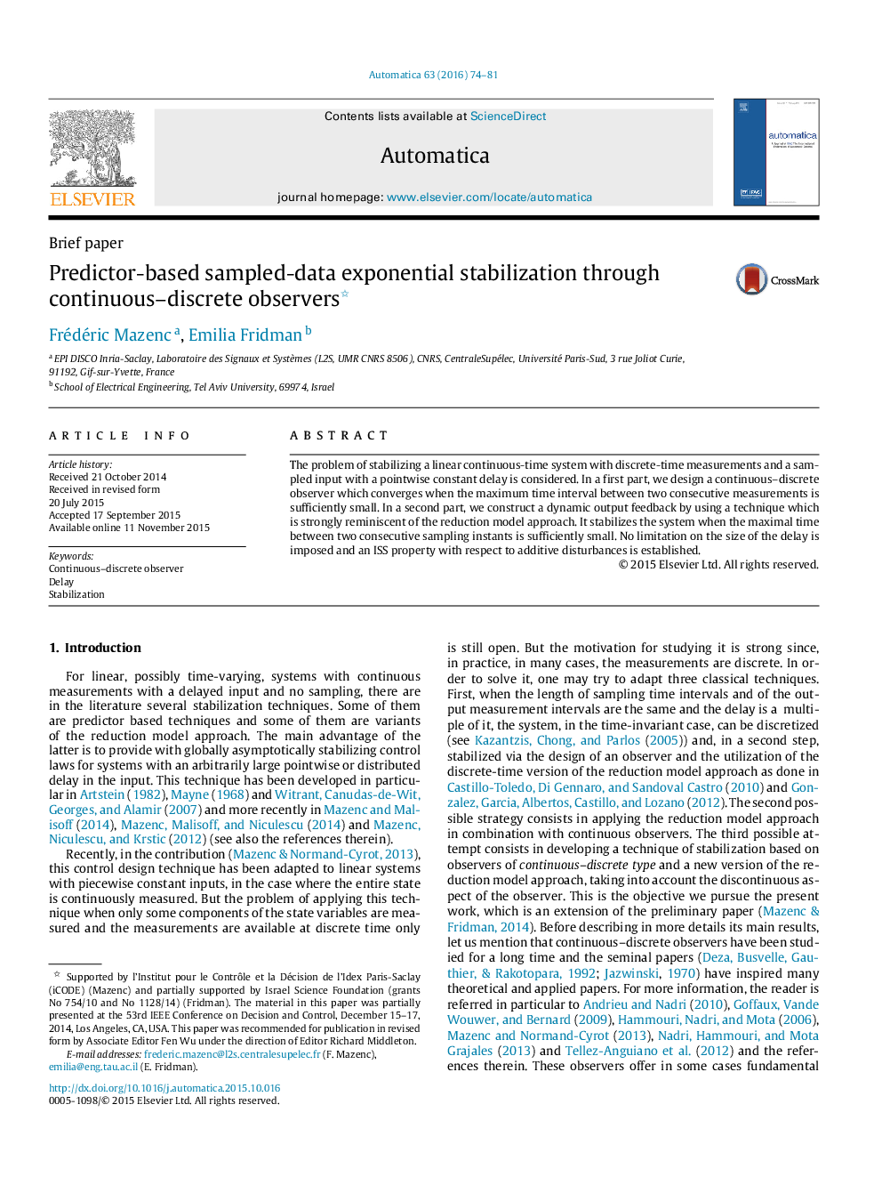 Predictor-based sampled-data exponential stabilization through continuous-discrete observers