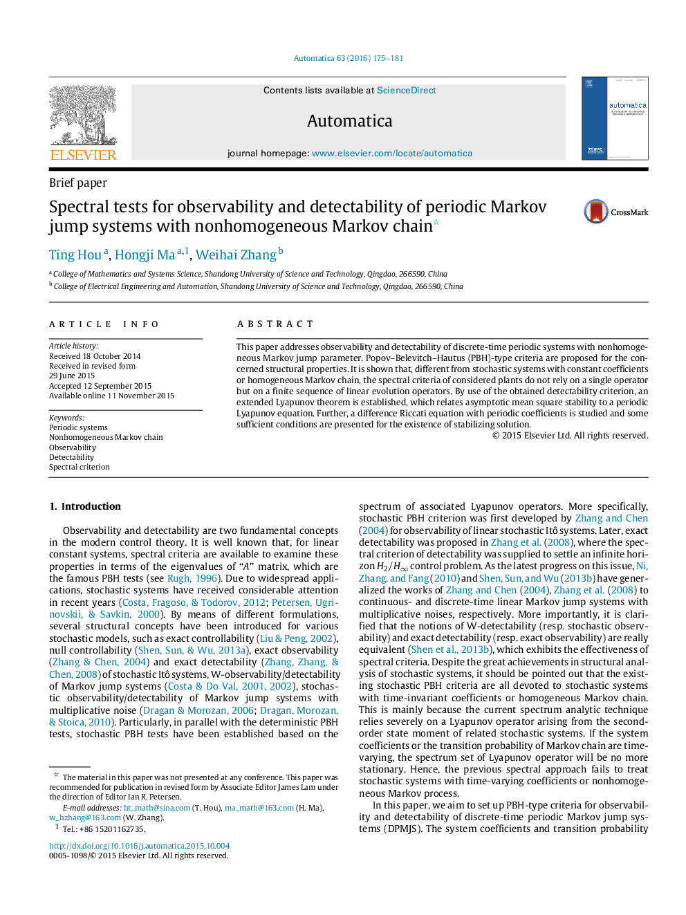 Spectral tests for observability and detectability of periodic Markov jump systems with nonhomogeneous Markov chain