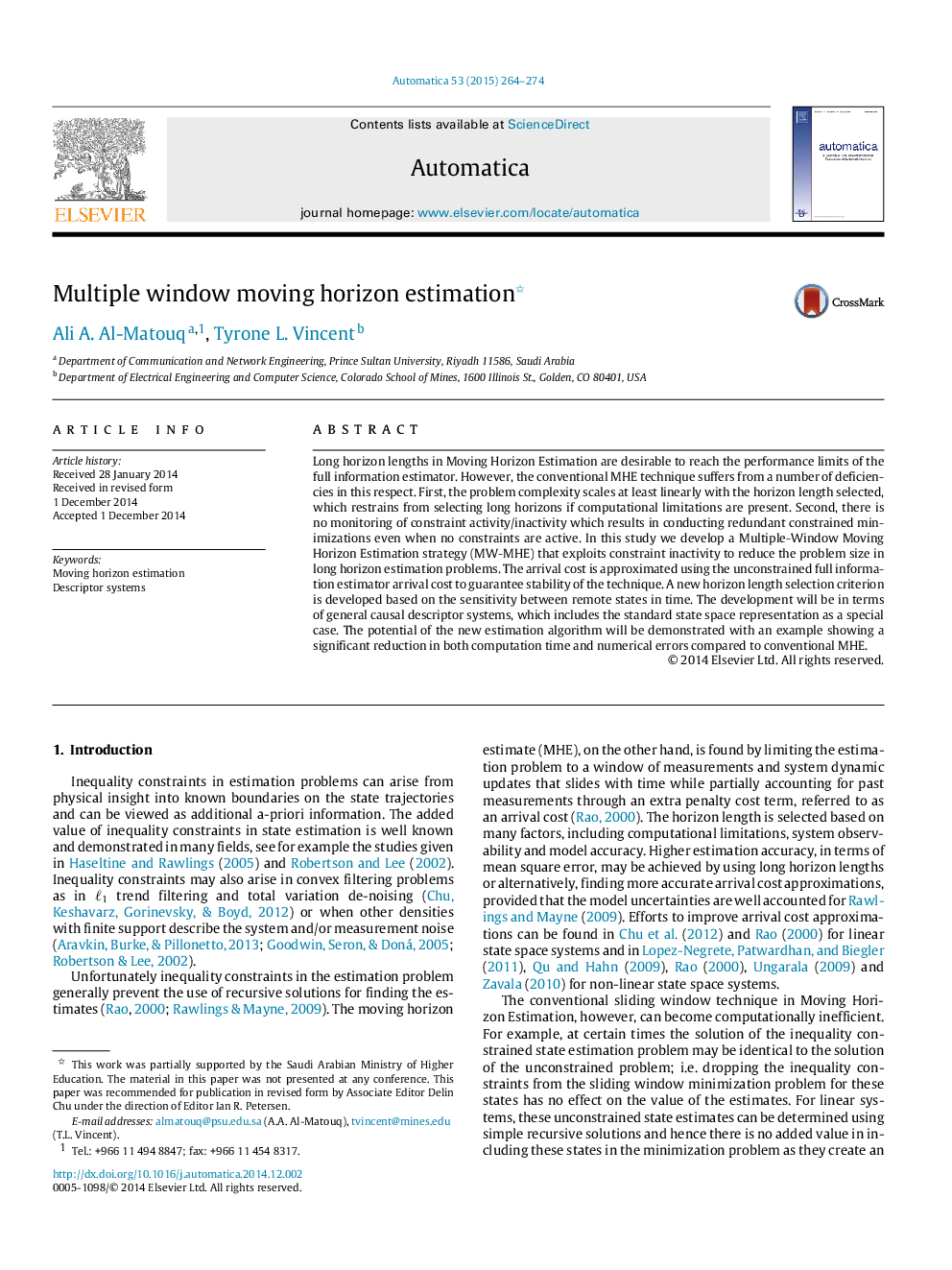 Multiple window moving horizon estimation