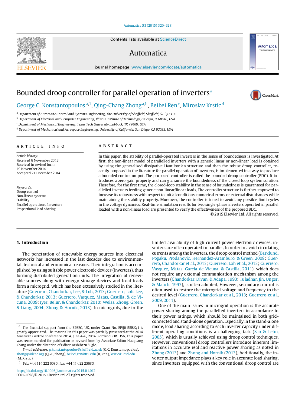 Bounded droop controller for parallel operation of inverters