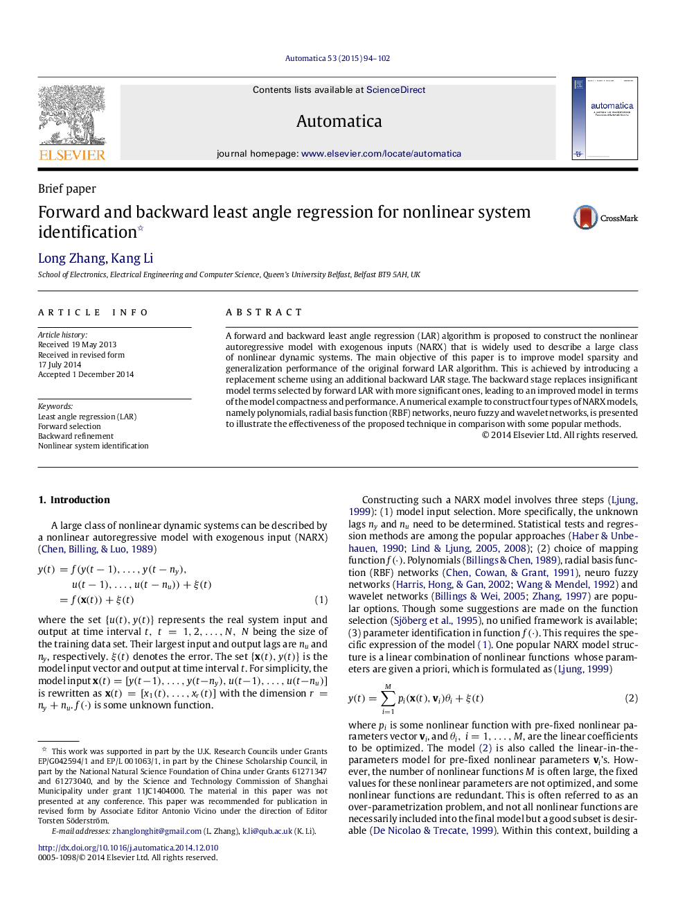 Forward and backward least angle regression for nonlinear system identification