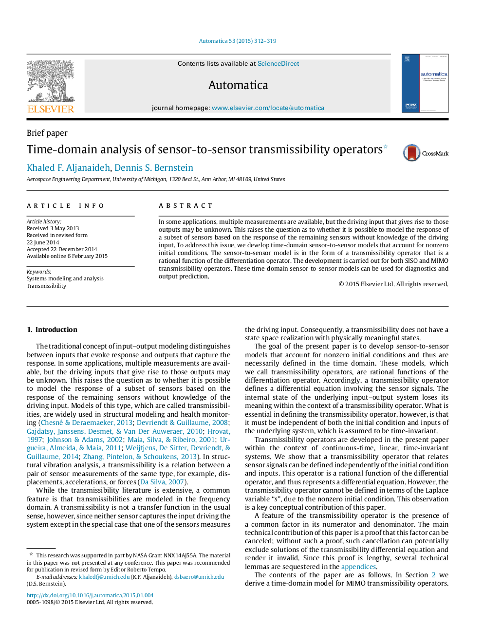 Time-domain analysis of sensor-to-sensor transmissibility operators