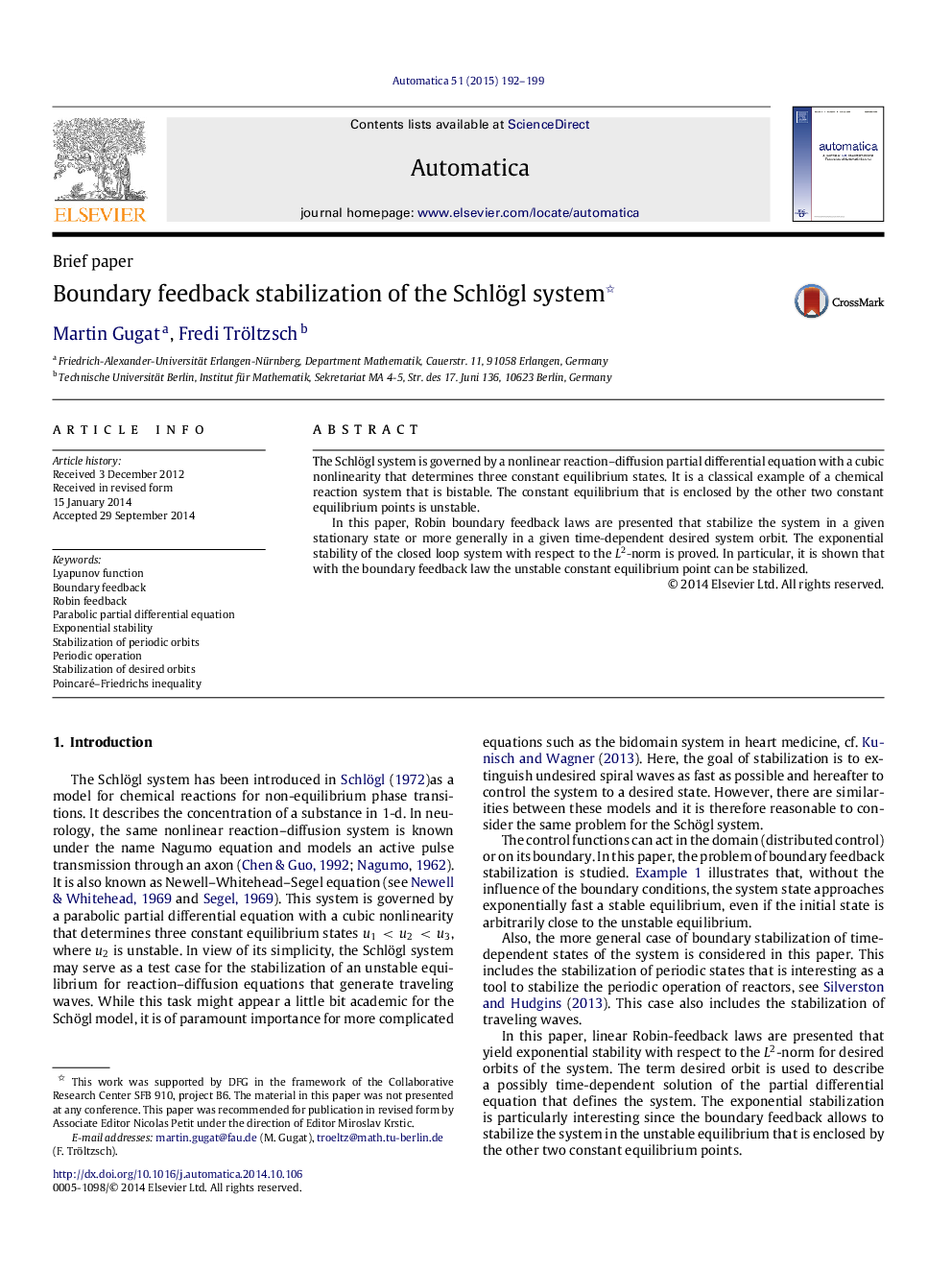 Boundary feedback stabilization of the Schlögl system