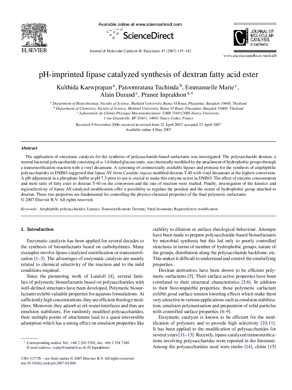 pH-imprinted lipase catalyzed synthesis of dextran fatty acid ester