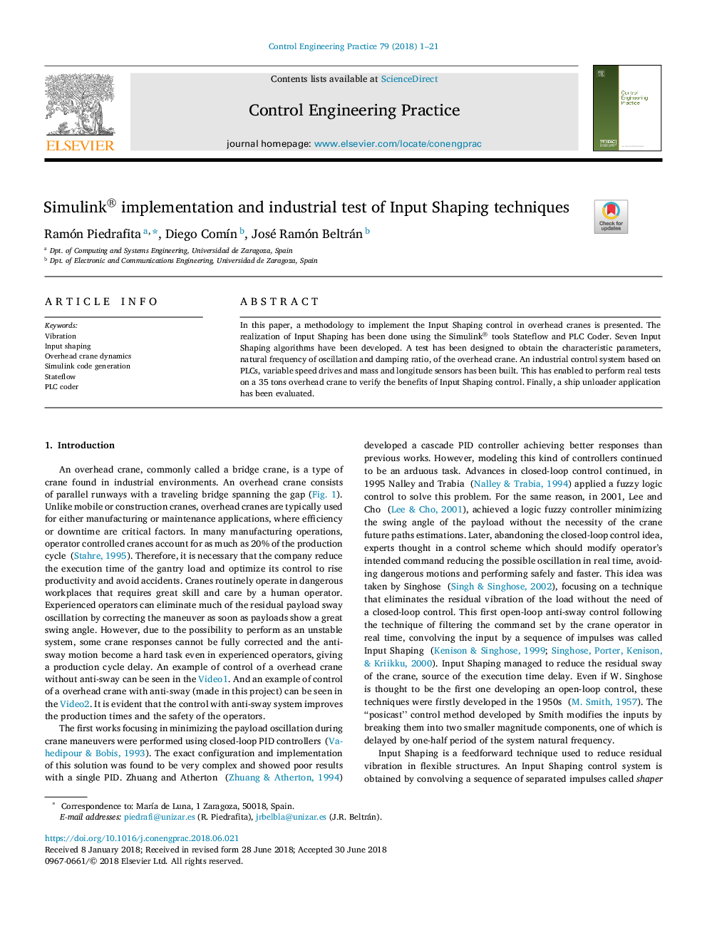 Simulink® implementation and industrial test of Input Shaping techniques