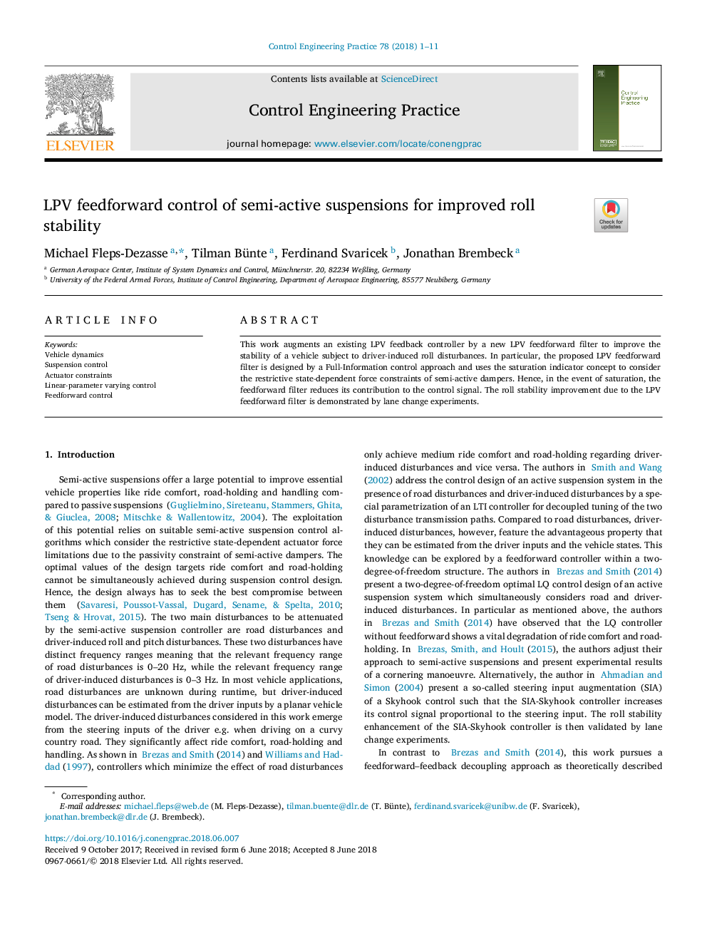 LPV feedforward control of semi-active suspensions for improved roll stability