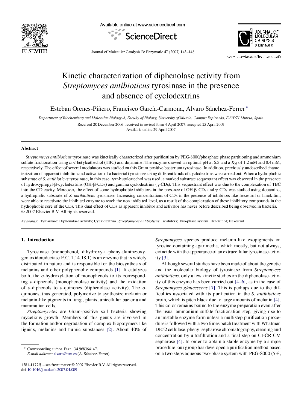 Kinetic characterization of diphenolase activity from Streptomyces antibioticus tyrosinase in the presence and absence of cyclodextrins