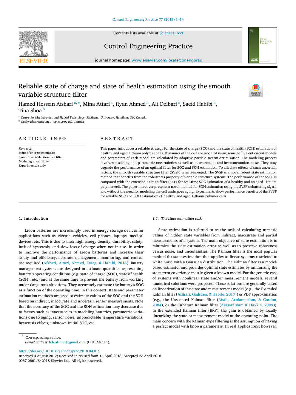 Reliable state of charge and state of health estimation using the smooth variable structure filter