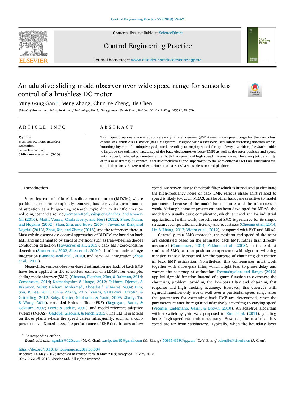 An adaptive sliding mode observer over wide speed range for sensorless control of a brushless DC motor