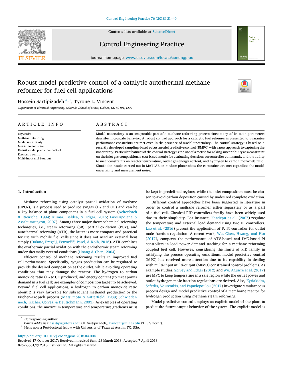 Robust model predictive control of a catalytic autothermal methane reformer for fuel cell applications