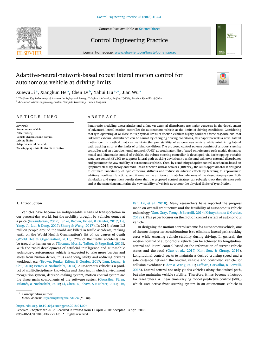 Adaptive-neural-network-based robust lateral motion control for autonomous vehicle at driving limits