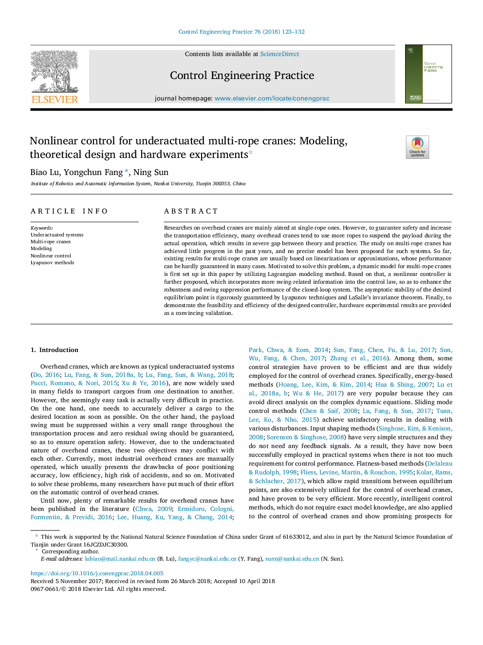 Nonlinear control for underactuated multi-rope cranes: Modeling, theoretical design and hardware experiments