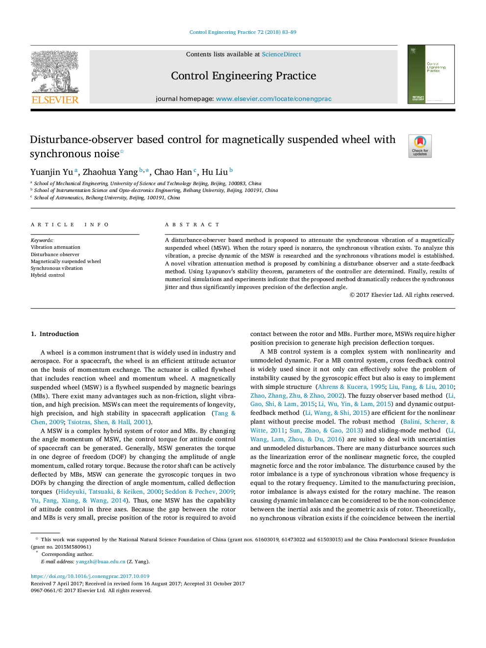 Disturbance-observer based control for magnetically suspended wheel with synchronous noise