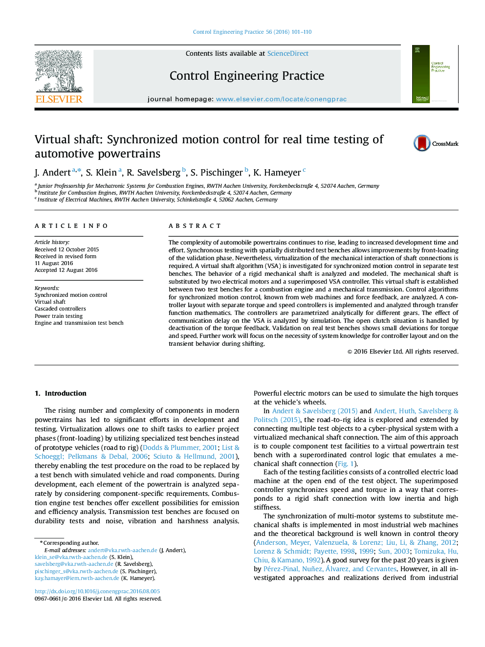 Virtual shaft: Synchronized motion control for real time testing of automotive powertrains