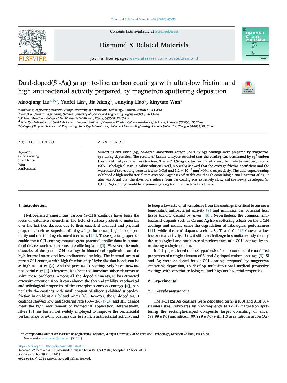 Dual-doped(Si-Ag) graphite-like carbon coatings with ultra-low friction and high antibacterial activity prepared by magnetron sputtering deposition