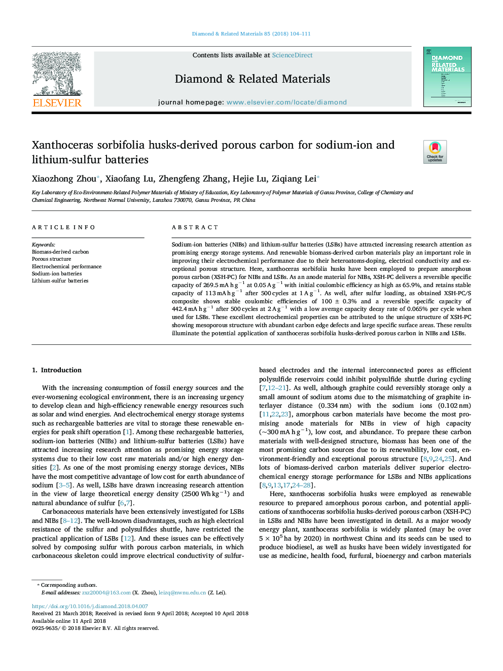 Xanthoceras sorbifolia husks-derived porous carbon for sodium-ion and lithiumâsulfur batteries