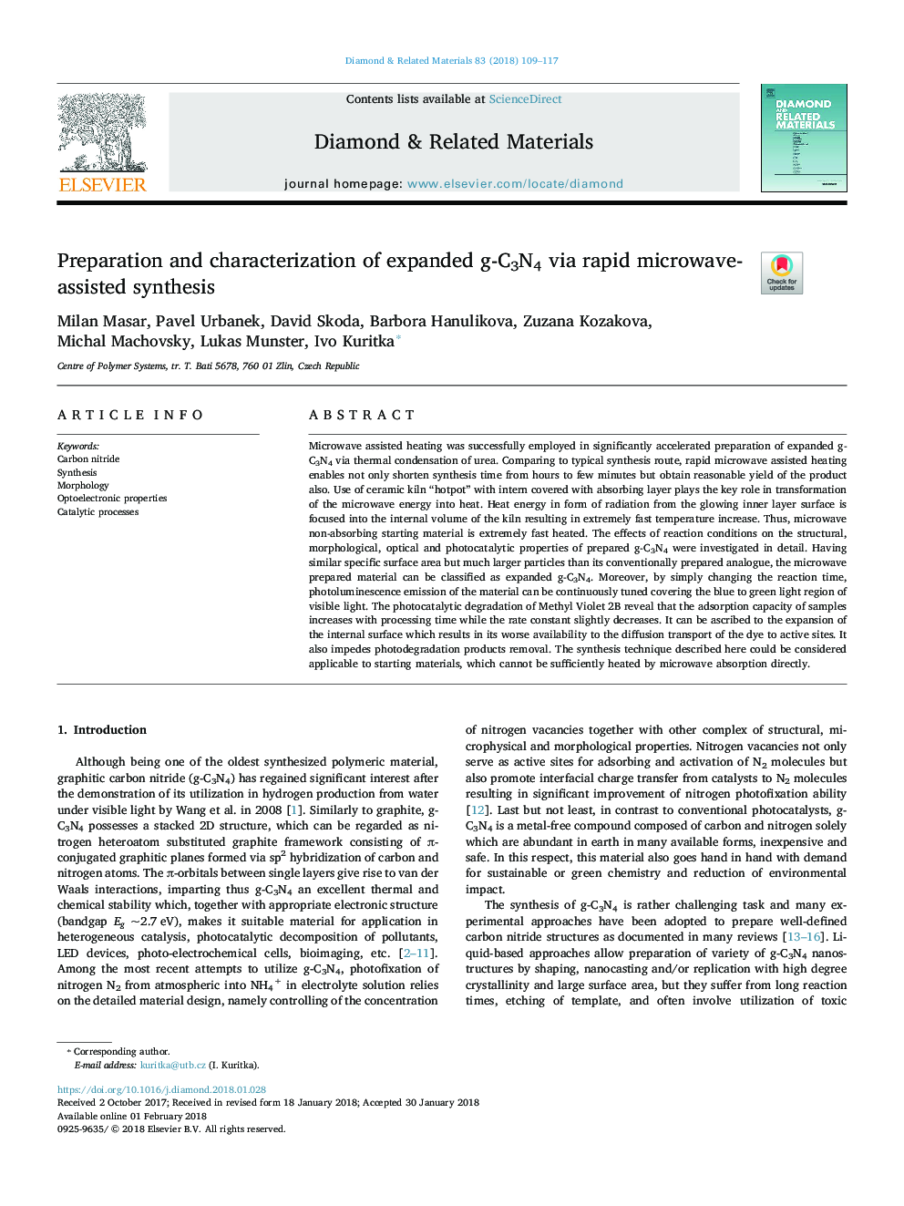 Preparation and characterization of expanded g-C3N4 via rapid microwave-assisted synthesis