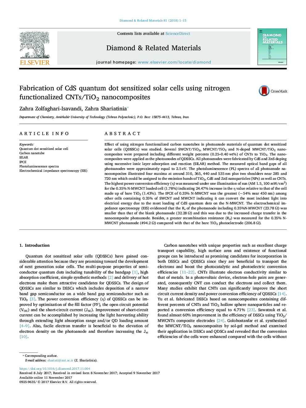 Fabrication of CdS quantum dot sensitized solar cells using nitrogen functionalized CNTs/TiO2 nanocomposites